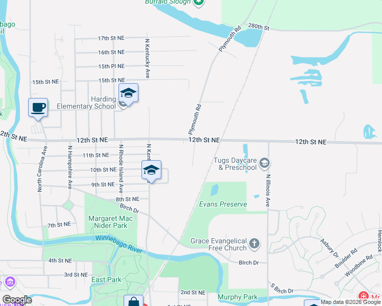 map of restaurants, bars, coffee shops, grocery stores, and more near 1109 North Ohio Avenue in Mason City