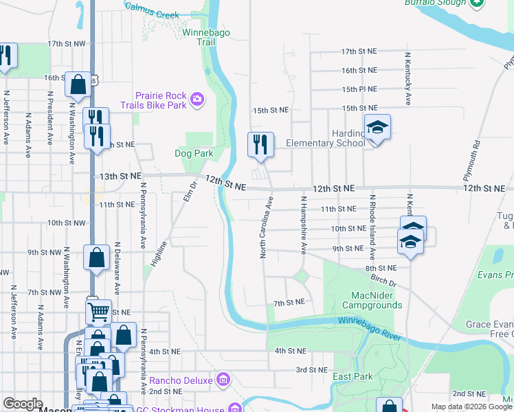 map of restaurants, bars, coffee shops, grocery stores, and more near 548-598 11th Street Northeast in Mason City