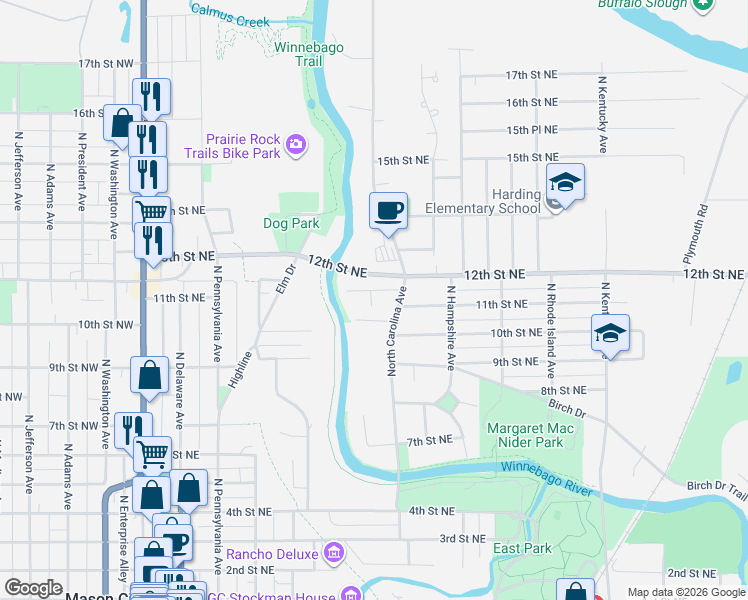 map of restaurants, bars, coffee shops, grocery stores, and more near 548-598 11th Street Northeast in Mason City