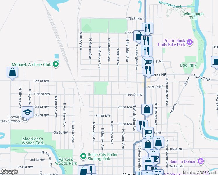 map of restaurants, bars, coffee shops, grocery stores, and more near 301-399 12th St NW in Mason City