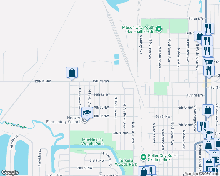 map of restaurants, bars, coffee shops, grocery stores, and more near 831 12th Street Northwest in Mason City