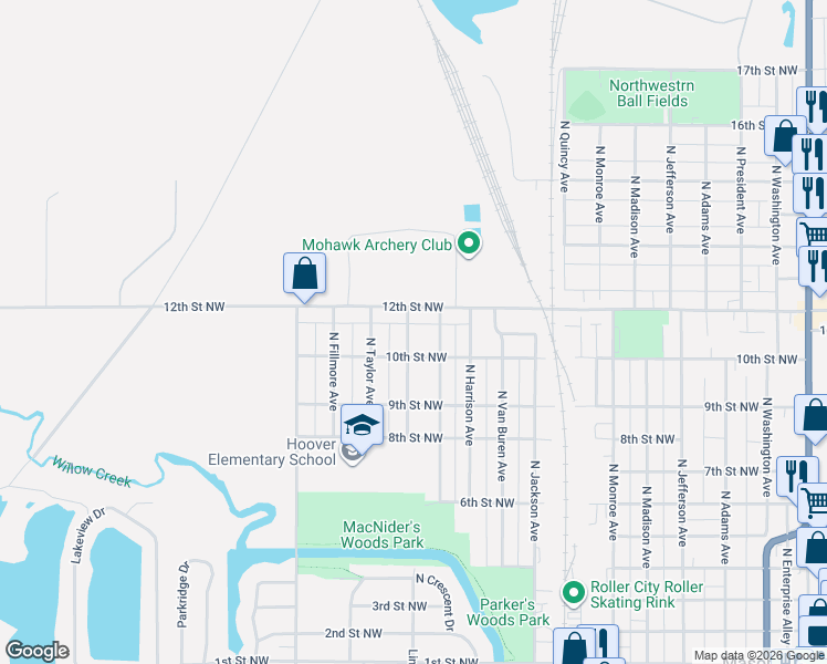 map of restaurants, bars, coffee shops, grocery stores, and more near 915 12th Street Northwest in Mason City