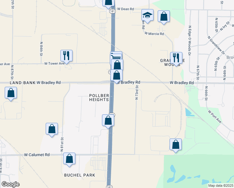 map of restaurants, bars, coffee shops, grocery stores, and more near 7932 North 76th Street in Milwaukee