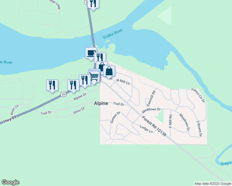 map of restaurants, bars, coffee shops, grocery stores, and more near 108 Grey's River Rd in Alpine