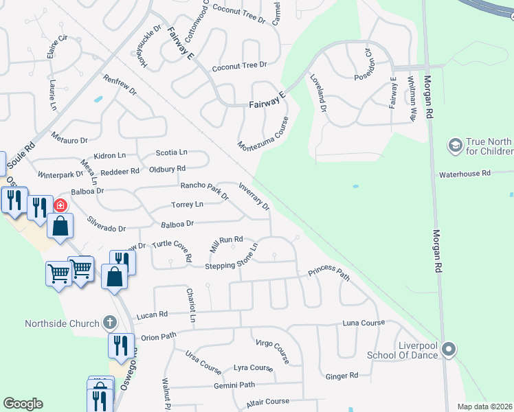 map of restaurants, bars, coffee shops, grocery stores, and more near 4241 Inverrary Drive in Liverpool
