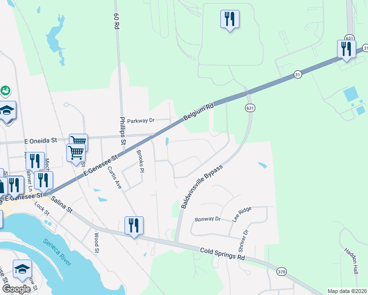 map of restaurants, bars, coffee shops, grocery stores, and more near 26 White Chapel Road in Baldwinsville