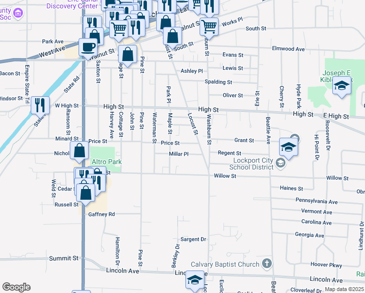 map of restaurants, bars, coffee shops, grocery stores, and more near 216 Price Street in Lockport