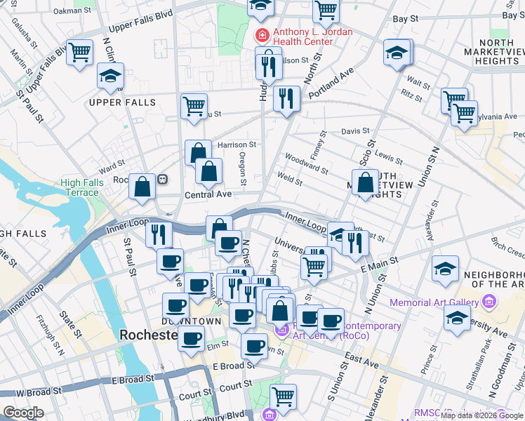 map of restaurants, bars, coffee shops, grocery stores, and more near Inner Loop in Rochester