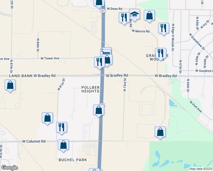 map of restaurants, bars, coffee shops, grocery stores, and more near 7932 North 76th Street in Milwaukee