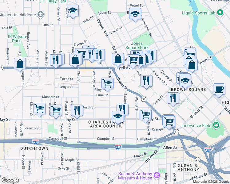 map of restaurants, bars, coffee shops, grocery stores, and more near 350 Orchard Street in Rochester
