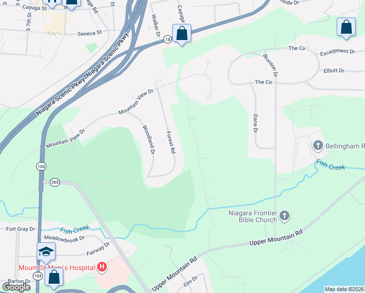 map of restaurants, bars, coffee shops, grocery stores, and more near 5067 Forest Road in Lewiston
