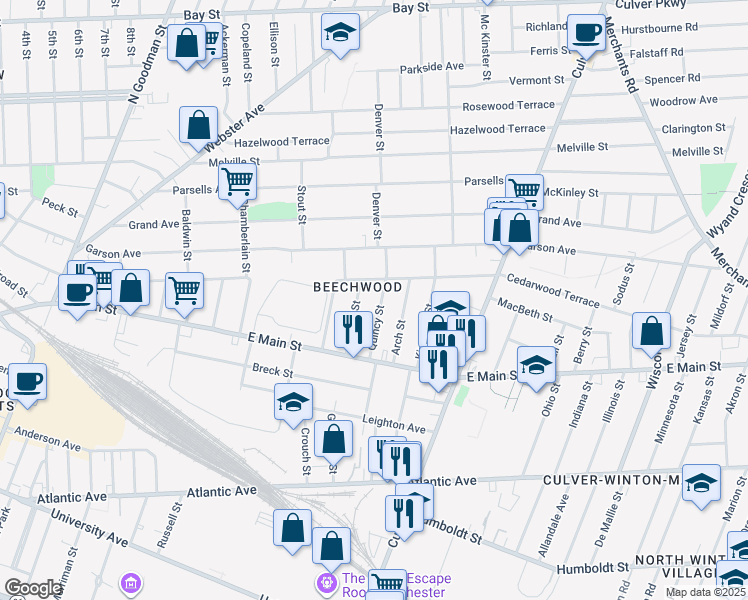 map of restaurants, bars, coffee shops, grocery stores, and more near 177 Cedarwood Terrace in Rochester