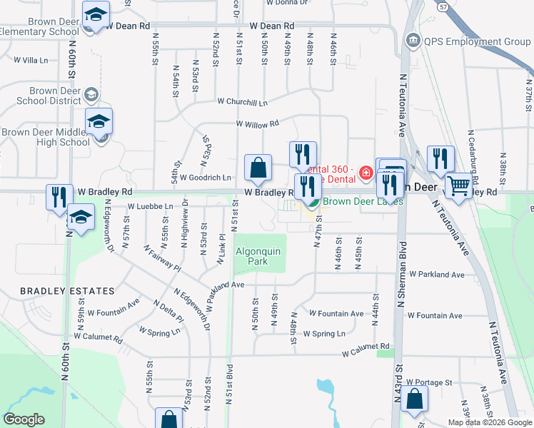 map of restaurants, bars, coffee shops, grocery stores, and more near 4823 West Bradley Road in Brown Deer