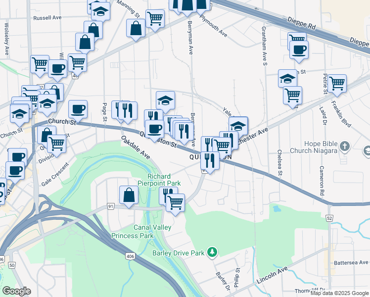 map of restaurants, bars, coffee shops, grocery stores, and more near 185 Queenston St in St Catharines