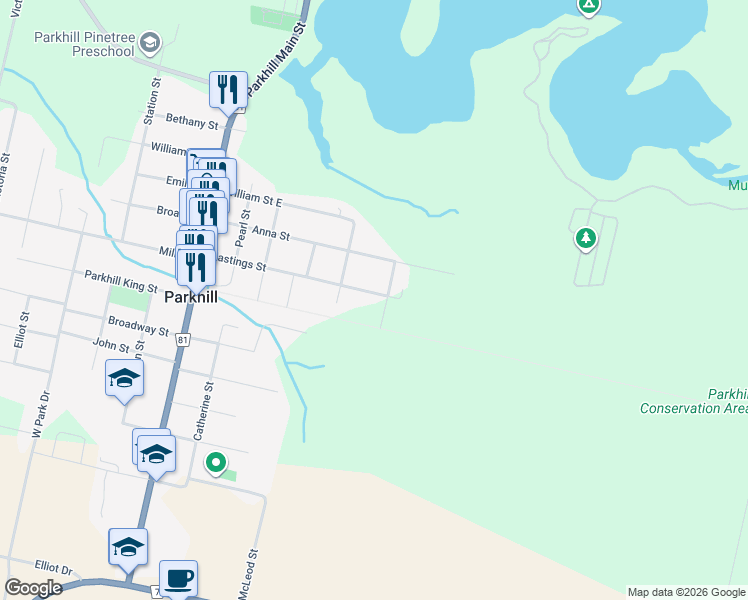 map of restaurants, bars, coffee shops, grocery stores, and more near 297 Hastings Street in Parkhill