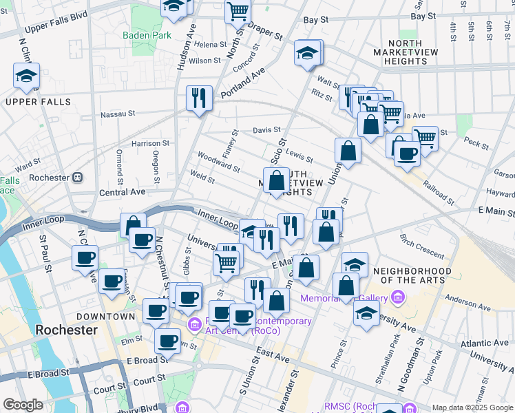 map of restaurants, bars, coffee shops, grocery stores, and more near 296 Scio Street in Rochester