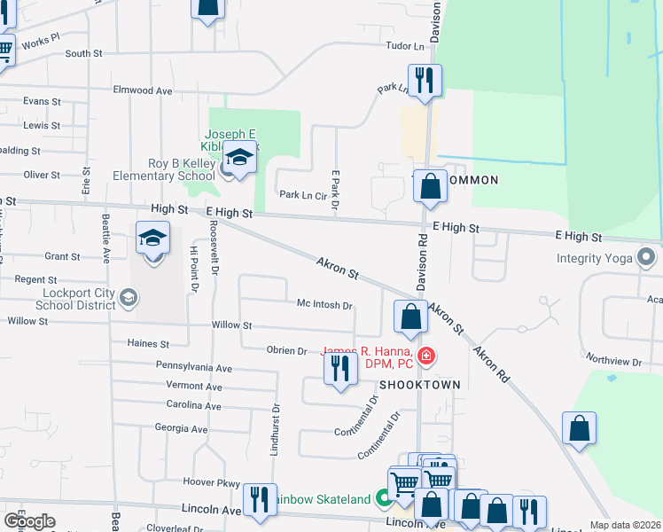 map of restaurants, bars, coffee shops, grocery stores, and more near Akron Street in Lockport