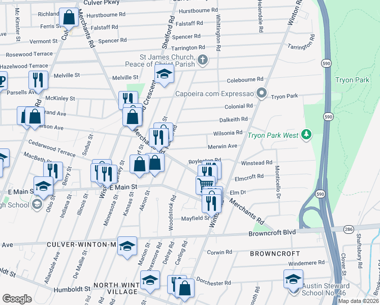 map of restaurants, bars, coffee shops, grocery stores, and more near 84 Merwin Avenue in Rochester