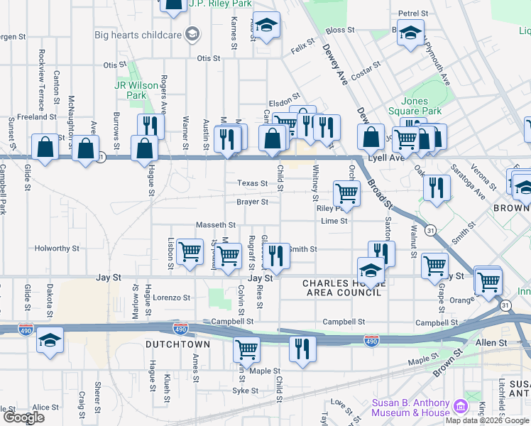 map of restaurants, bars, coffee shops, grocery stores, and more near 41 Brayer Street in Rochester