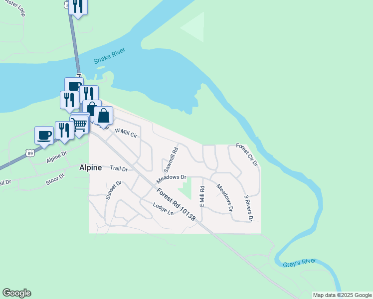 map of restaurants, bars, coffee shops, grocery stores, and more near Wooden Spur Dr in Alpine