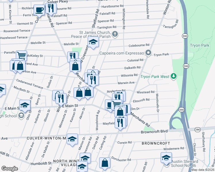 map of restaurants, bars, coffee shops, grocery stores, and more near 84 Merwin Avenue in Rochester