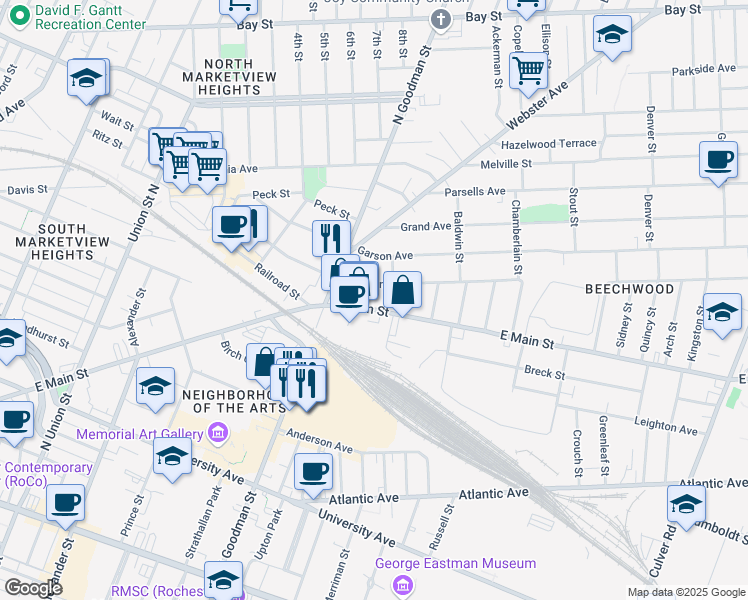 map of restaurants, bars, coffee shops, grocery stores, and more near 355 Hayward Avenue in Rochester