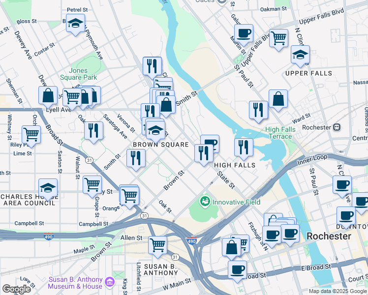 map of restaurants, bars, coffee shops, grocery stores, and more near 29 Jay Street in Rochester
