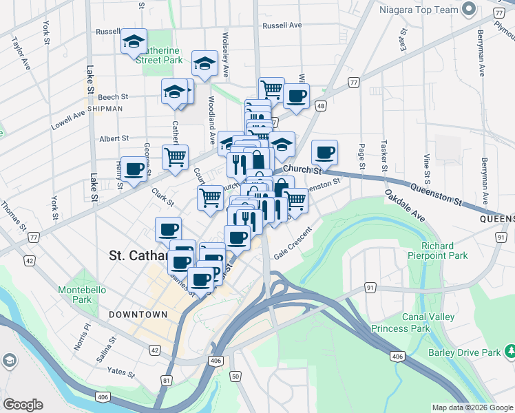 map of restaurants, bars, coffee shops, grocery stores, and more near 43 1/2 Centre Street in St. Catharines