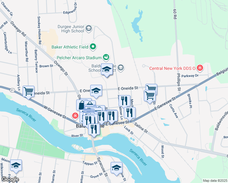 map of restaurants, bars, coffee shops, grocery stores, and more near 38 East Oneida Street in Baldwinsville