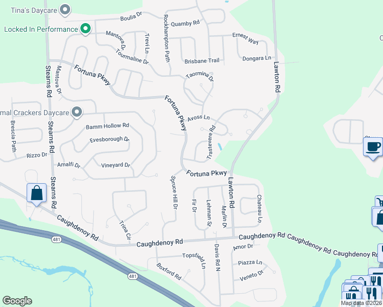 map of restaurants, bars, coffee shops, grocery stores, and more near 8096 Weblank Way in Clay