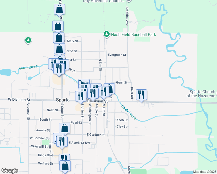 map of restaurants, bars, coffee shops, grocery stores, and more near 115 Loomis Street in Sparta