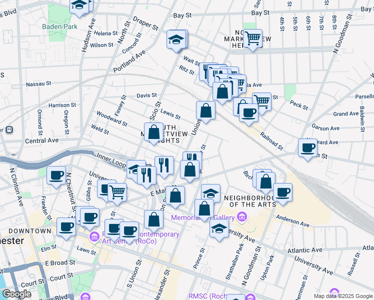 map of restaurants, bars, coffee shops, grocery stores, and more near Union Street North & Woodward Street in Rochester