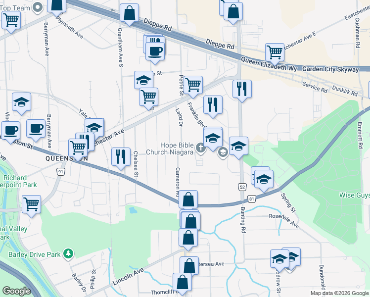 map of restaurants, bars, coffee shops, grocery stores, and more near 9 Arlington Avenue in St. Catharines