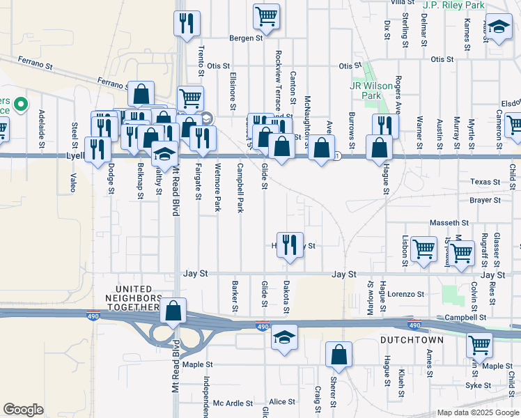 map of restaurants, bars, coffee shops, grocery stores, and more near 557 Glide Street in Rochester