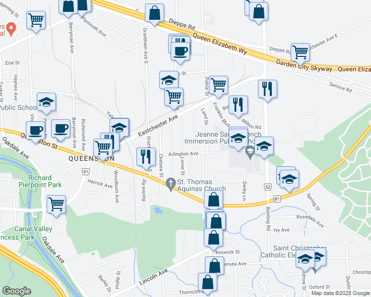 map of restaurants, bars, coffee shops, grocery stores, and more near 46 Lorne Street in St. Catharines