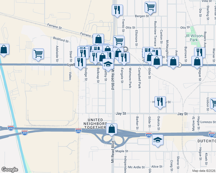 map of restaurants, bars, coffee shops, grocery stores, and more near 147 Maltby Street in Rochester