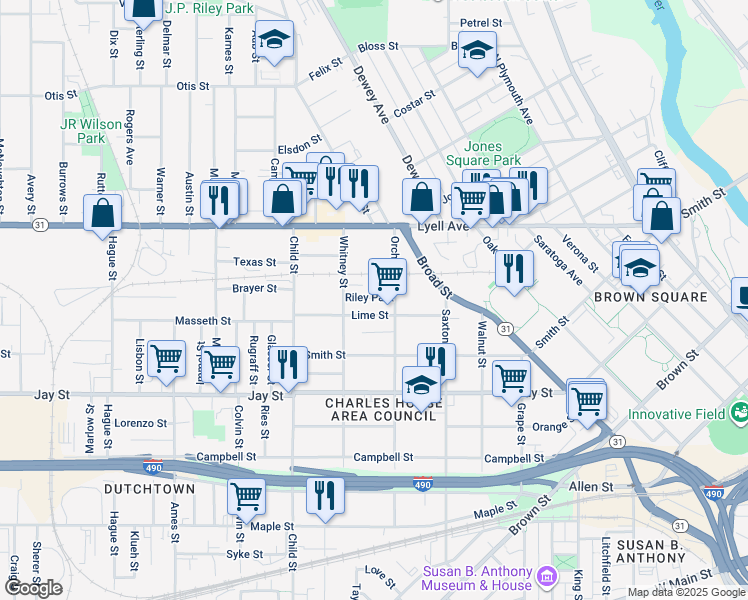 map of restaurants, bars, coffee shops, grocery stores, and more near 9 Riley Park in Rochester