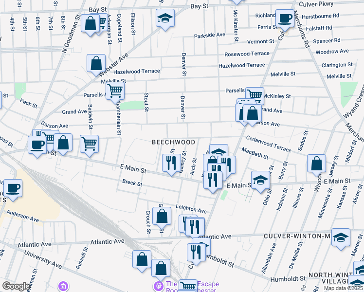 map of restaurants, bars, coffee shops, grocery stores, and more near 177 Cedarwood Terrace in Rochester
