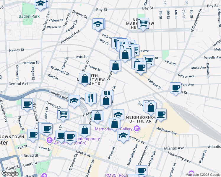 map of restaurants, bars, coffee shops, grocery stores, and more near 471 Alexander Street in Rochester