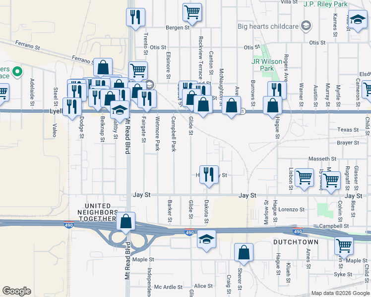 map of restaurants, bars, coffee shops, grocery stores, and more near 144 Campbell Park in Rochester