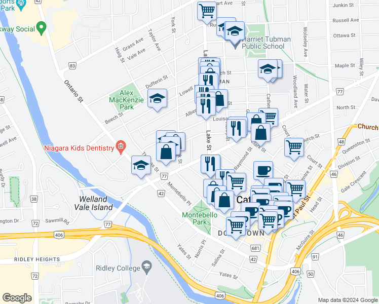 map of restaurants, bars, coffee shops, grocery stores, and more near in St. Catharines