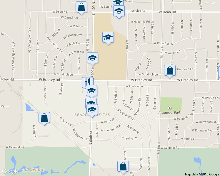 map of restaurants, bars, coffee shops, grocery stores, and more near 7950 North Edgeworth Drive in Milwaukee