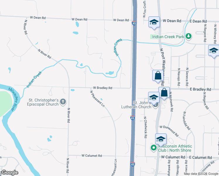 map of restaurants, bars, coffee shops, grocery stores, and more near 900 West Bradley Road in River Hills
