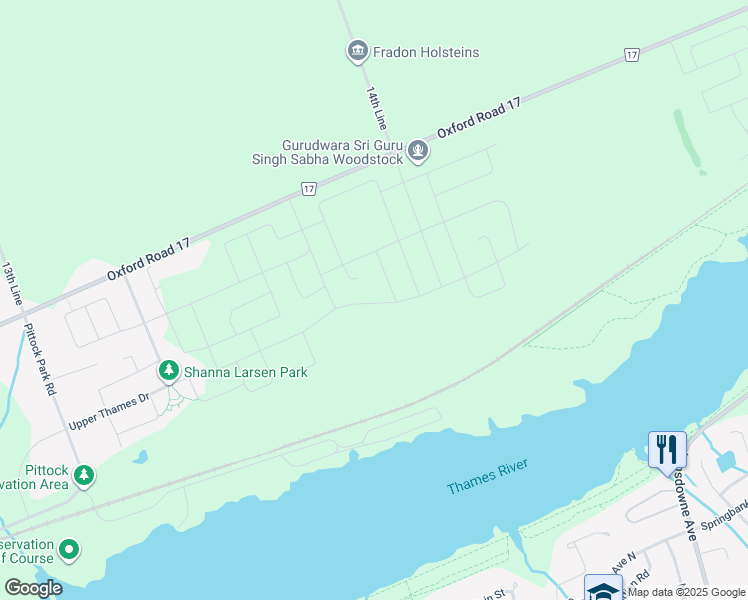 map of restaurants, bars, coffee shops, grocery stores, and more near 745162-745276 Oxford Road 17 in Woodstock