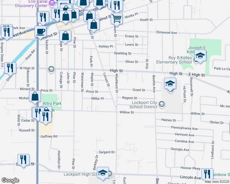 map of restaurants, bars, coffee shops, grocery stores, and more near 441 Washburn Street in Lockport