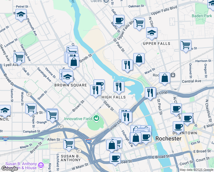 map of restaurants, bars, coffee shops, grocery stores, and more near 100 Platt Street in Rochester