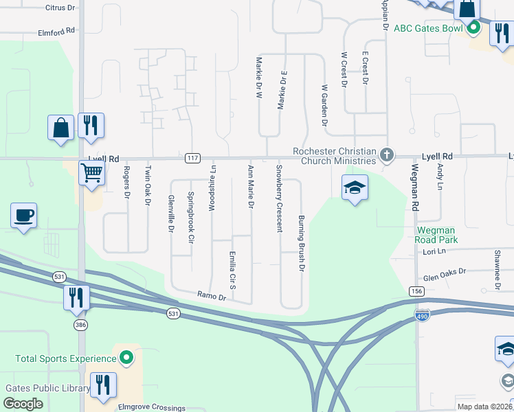 map of restaurants, bars, coffee shops, grocery stores, and more near 21 Ann Marie Drive in Rochester