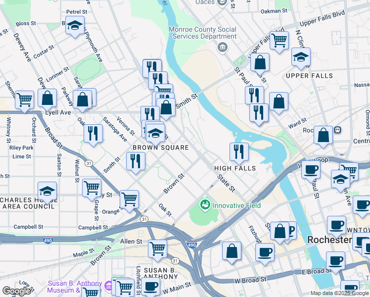 map of restaurants, bars, coffee shops, grocery stores, and more near 435 State Street in Rochester