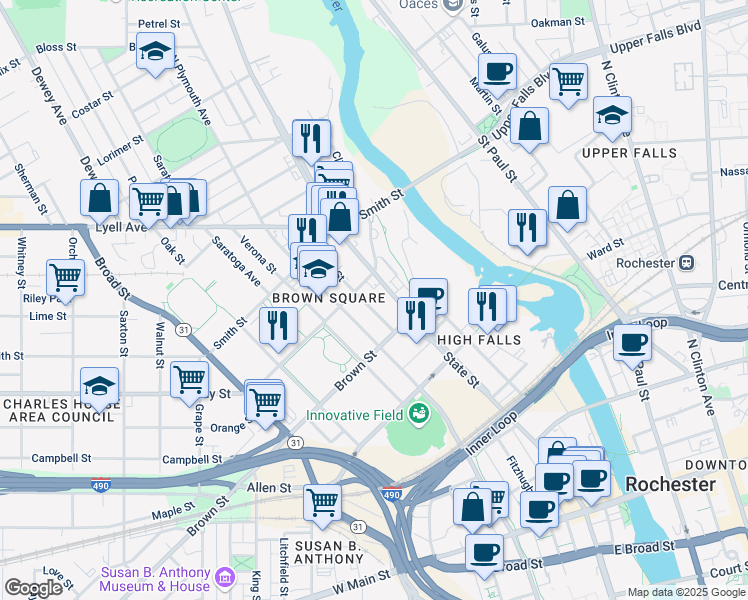 map of restaurants, bars, coffee shops, grocery stores, and more near 445 State Street in Rochester