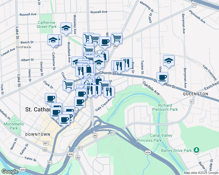 map of restaurants, bars, coffee shops, grocery stores, and more near 37 Division Street in St. Catharines